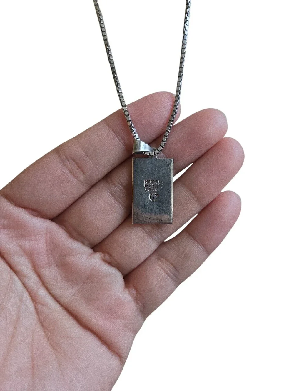 Vintage Mexico 925 Silver Aztec Pendant Necklace with Rectangular Charm 22